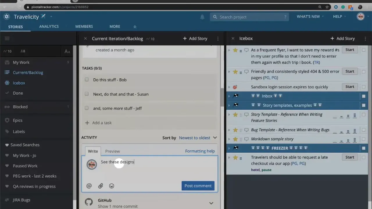 Comment box in LiteTracker filled with 'See these designs' and the Post comment button visible