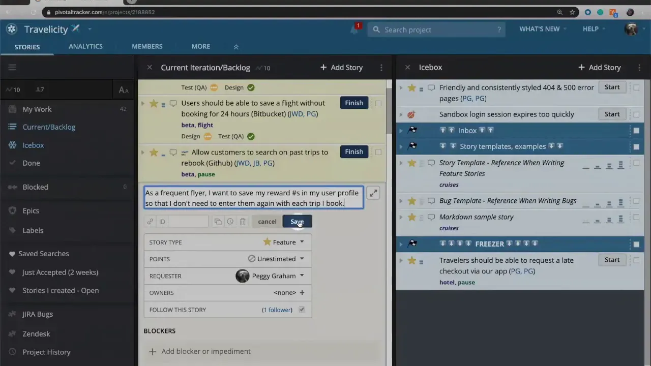 Expanded story card in LiteTracker showing description field and editable story details