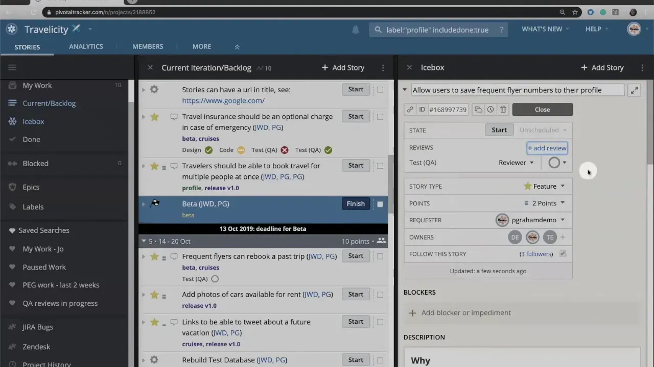 LiteTracker story panel showing Reviews section with 'Test (QA)' added, the '+ add review' link, and reviewer selector controls.