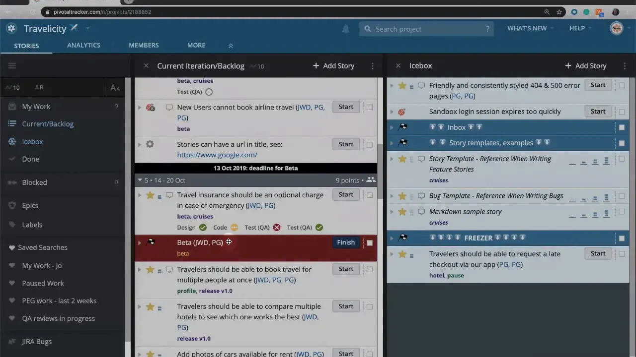 Pivotal Tracker board showing a red 'Beta' release marker in the backlog indicating schedule risk