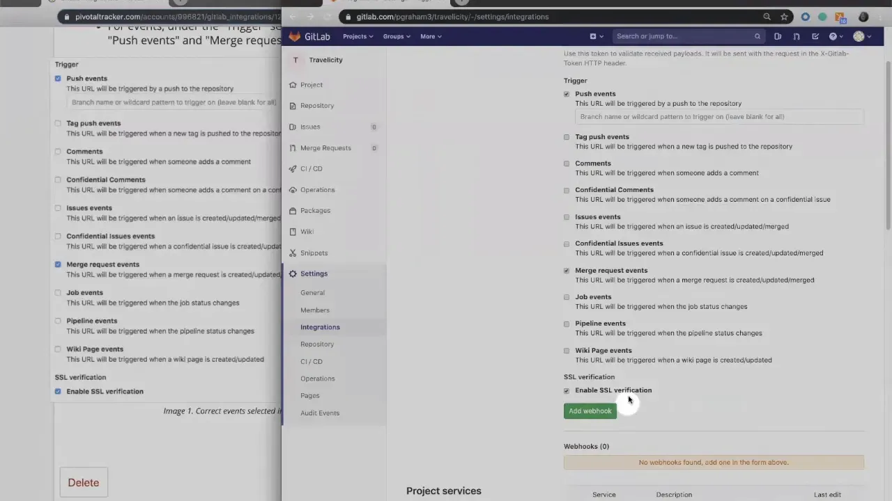 GitLab Integrations settings showing event checkboxes, the Enable SSL verification option, and the green Add Webhook button.