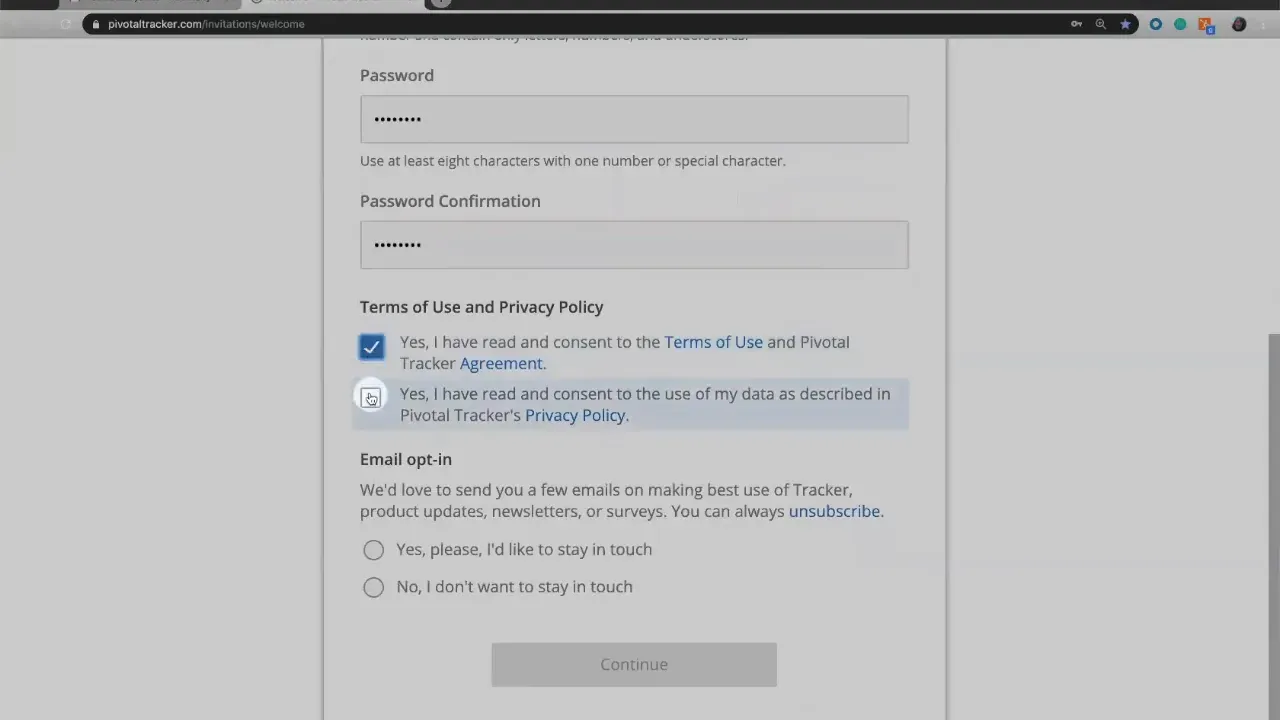 Pivotal Tracker signup page showing password confirmation and both Terms of Use and Privacy Policy checkboxes, with the first checkbox checked.