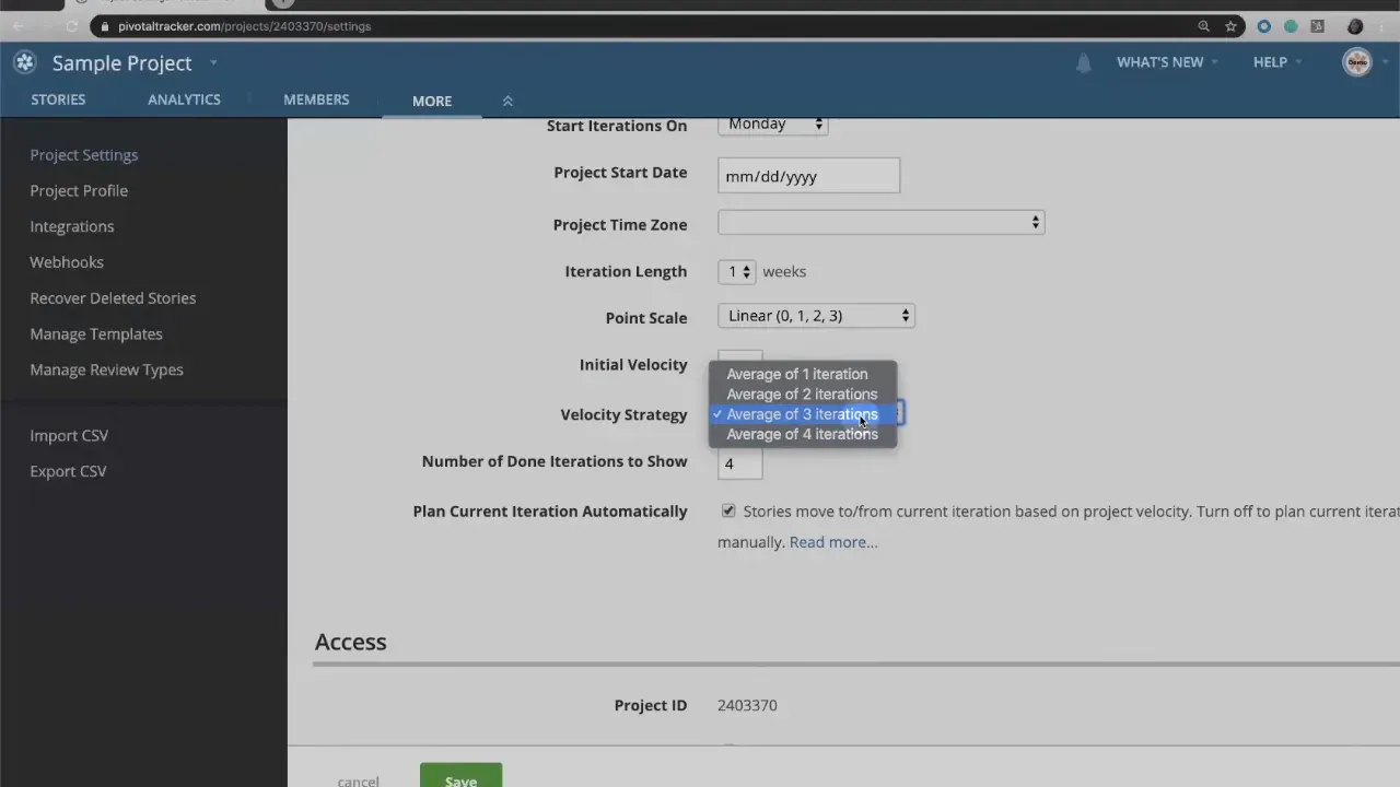 Tracker project settings page showing the Velocity Strategy dropdown with 'Average of 3 iterations' selected and related planning options.