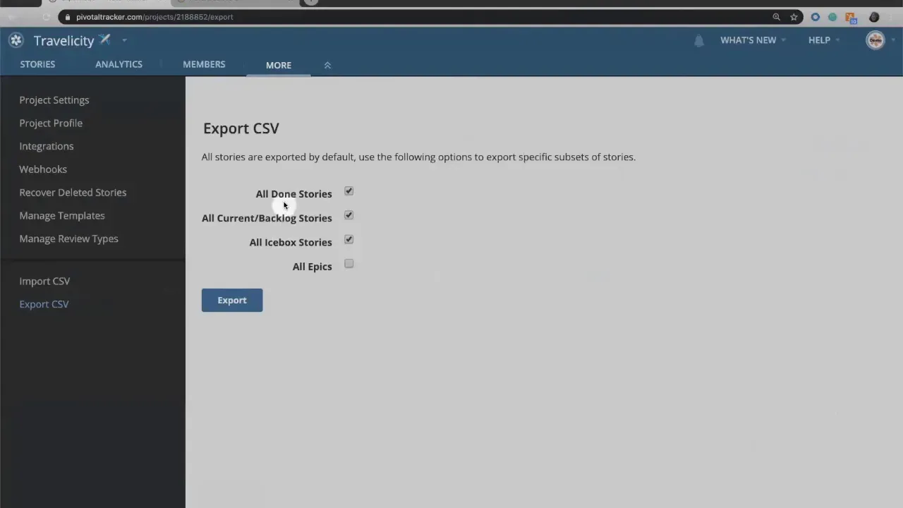 Export CSV view in LiteTracker showing checkboxes for All Done, All Current/Backlog and All Icebox Stories and an Export button