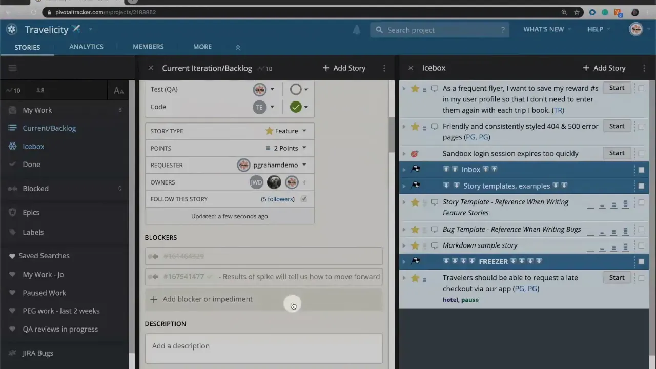 LiteTracker story detail showing the BLOCKERS list with grayed-out resolved items and the 'Add blocker or impediment' control.