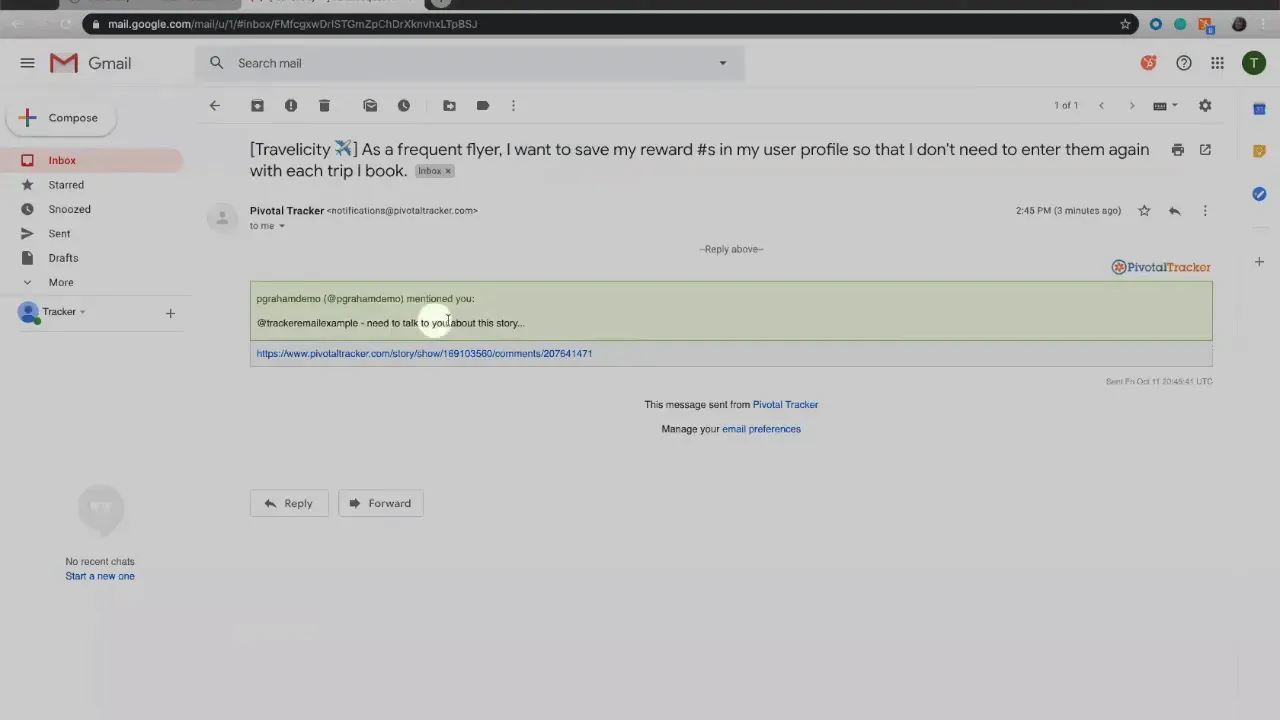 Email from Pivotal Tracker inside Gmail showing a highlighted mention and clickable story URL