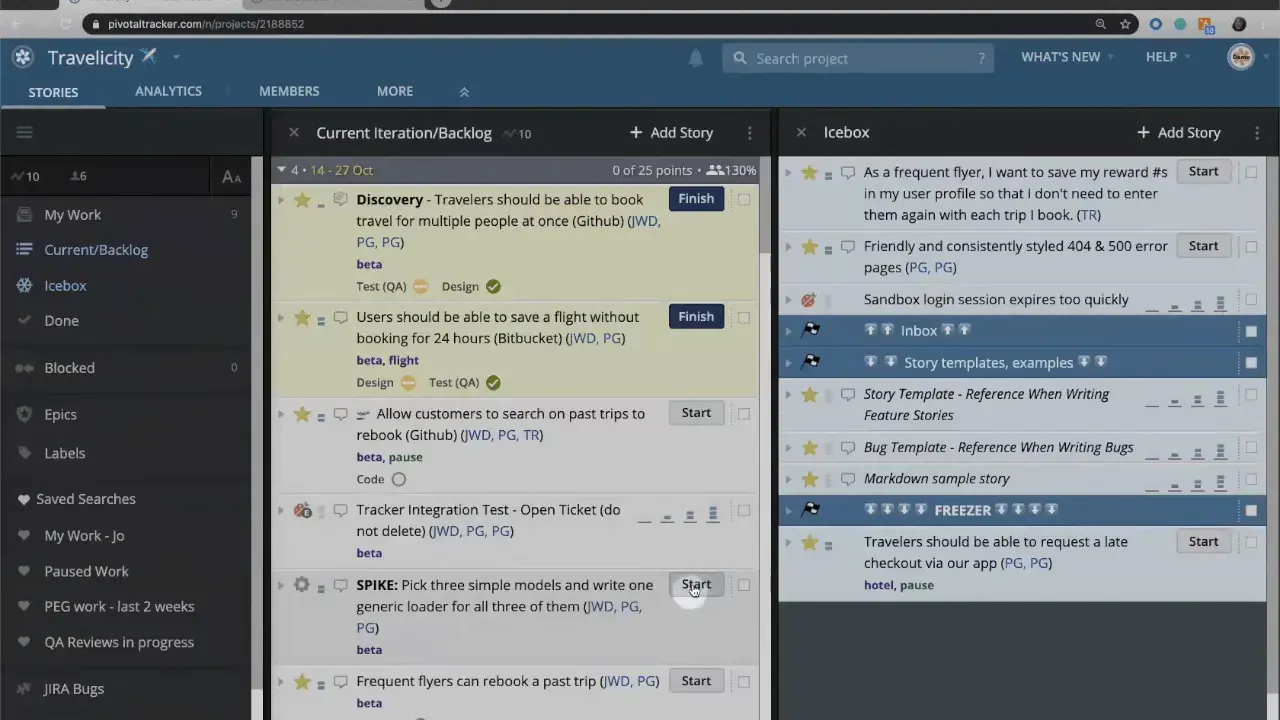 Tracker board showing stories and points summary indicating estimate controls for bugs and chores