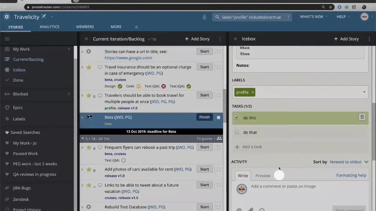 LiteTracker Tasks list with one task completed (checked) and activity feed visible