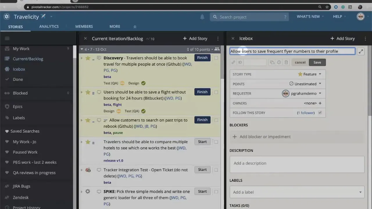 LiteTracker icebox story form with a completed title 'Allow users to save frequent flyer numbers to their profile'
