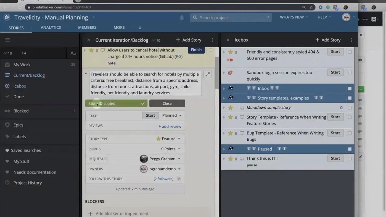 Tracker screenshot with green confirmation 'Story ID copied' after copying the ID