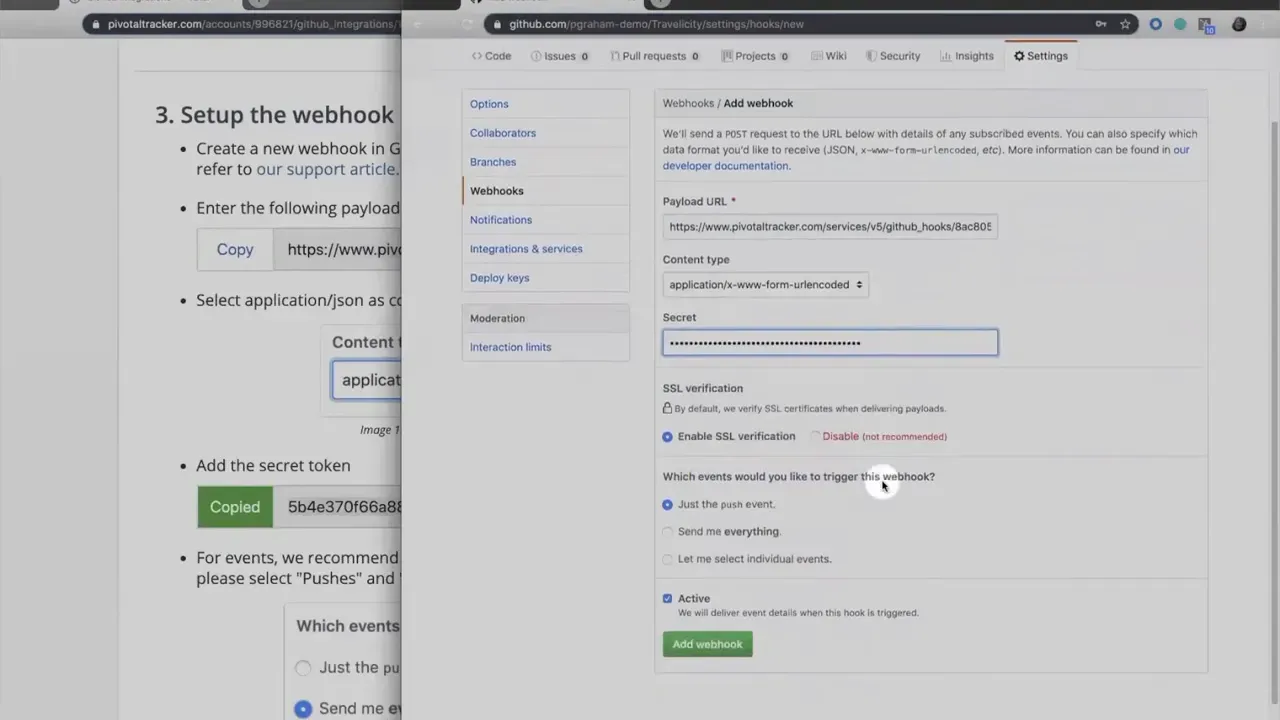 GitHub 'Add webhook' page showing the Payload URL, masked Secret field, event radio buttons and the Add webhook button