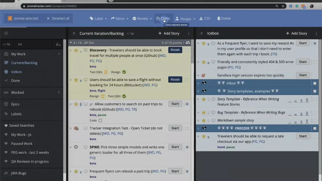 Bulk actions bar with Clone option highlighted and tooltip visible for cloning selected stories
