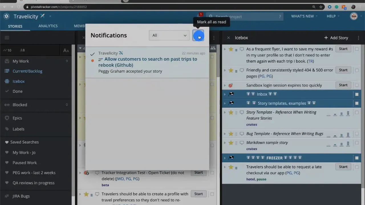 Notifications dropdown with cursor on 'Mark all as read' tooltip in LiteTracker