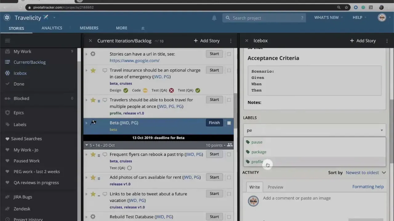 LiteTracker labels dropdown expanded with suggested tags including 'pause', 'package', and 'profile'