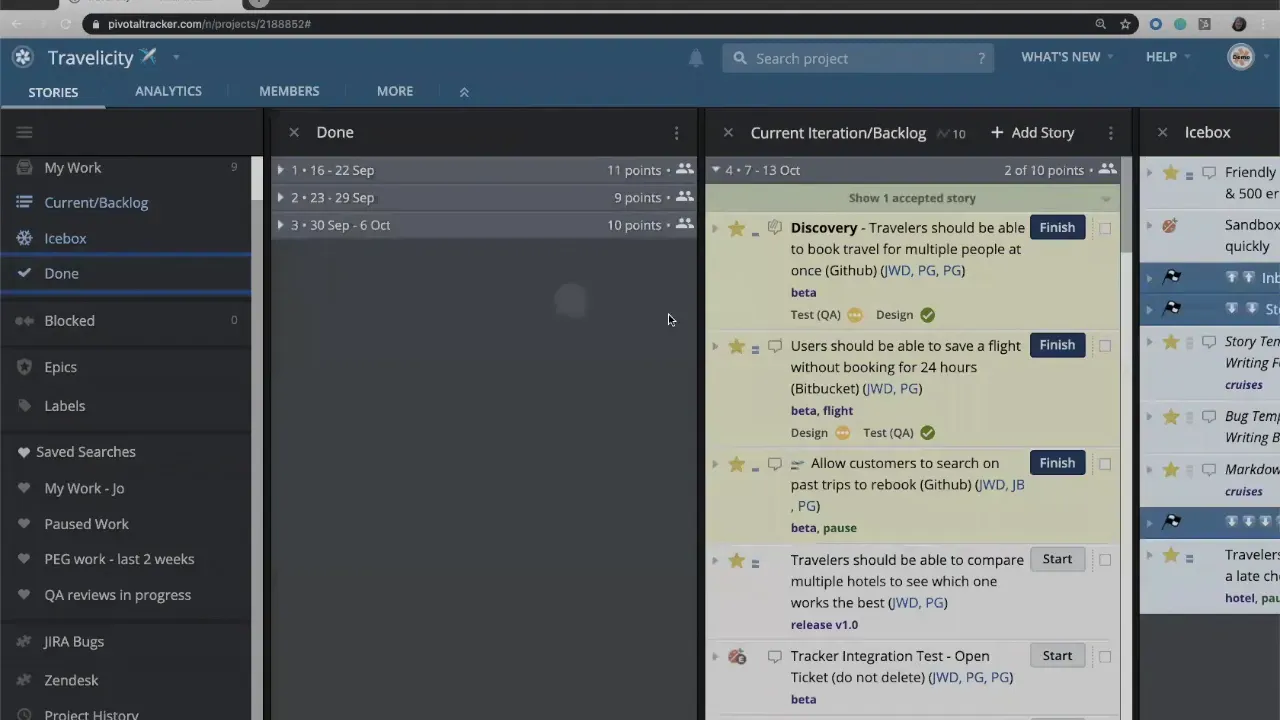 LiteTracker Done panel listing past iterations (with dates and point totals) adjacent to the Current Iteration and Icebox columns, illustrating iteration boundaries.