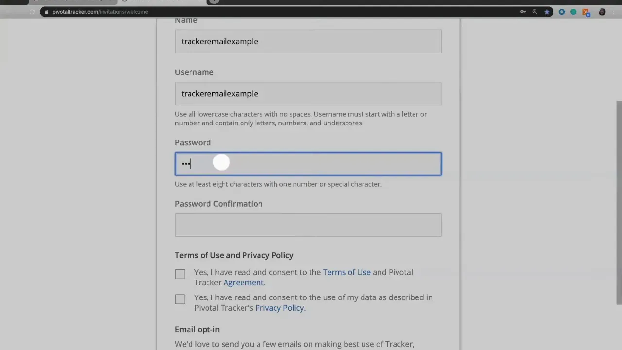 Pivotal Tracker account creation form showing pre-filled Name and Username fields and a masked Password being entered