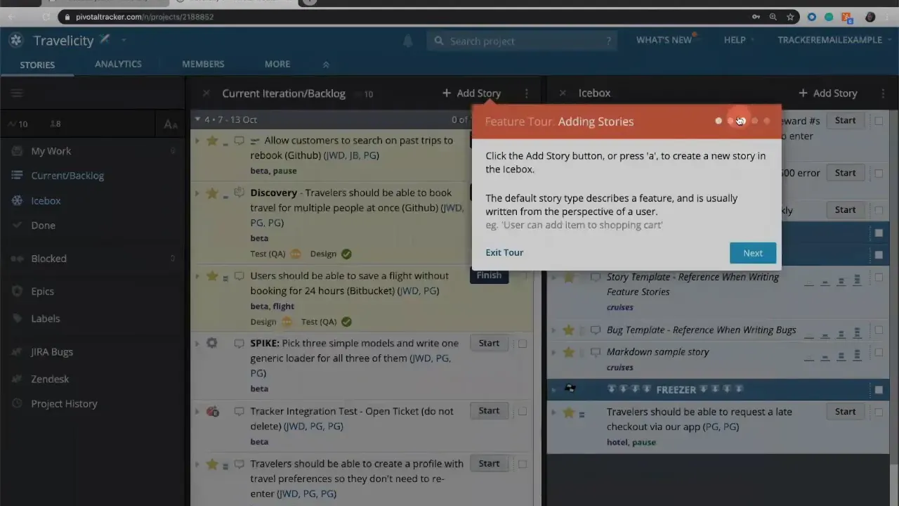 Pivotal Tracker feature tour popover titled 'Adding Stories' over the project's backlog view with 'Next' button