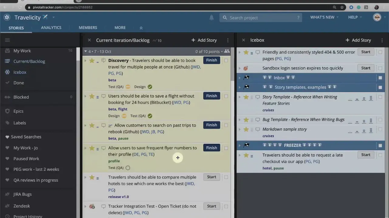 LiteTracker UI showing the current iteration and icebox; Start buttons are visible on some stories indicating they can be started.