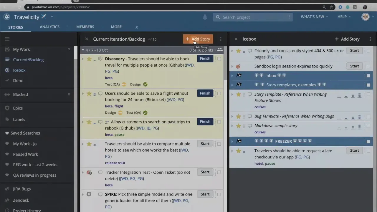 LiteTracker board with Add Story button highlighted in the Current Iteration/Backlog column
