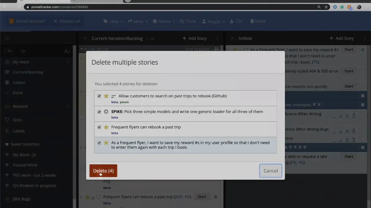 Delete multiple stories confirmation modal with the 'Delete (4)' button highlighted, listing the four stories selected for deletion