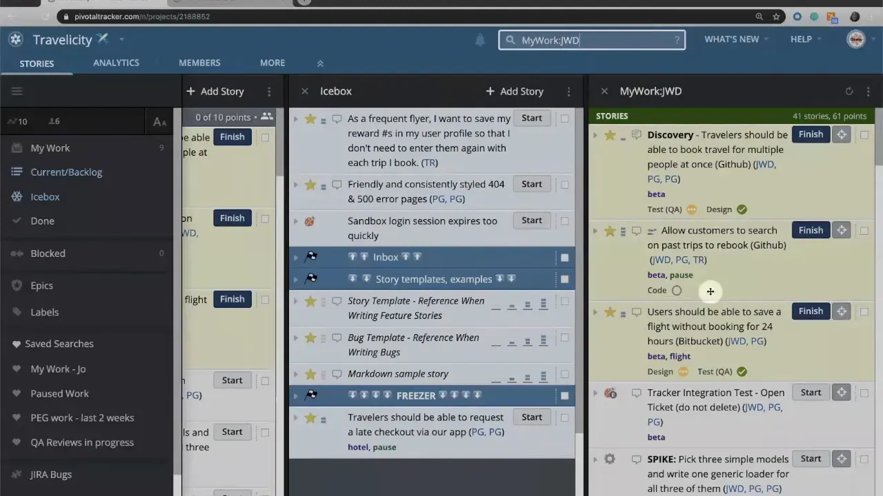 Filtered LiteTracker view displaying the MyWork;JWD column with assigned stories