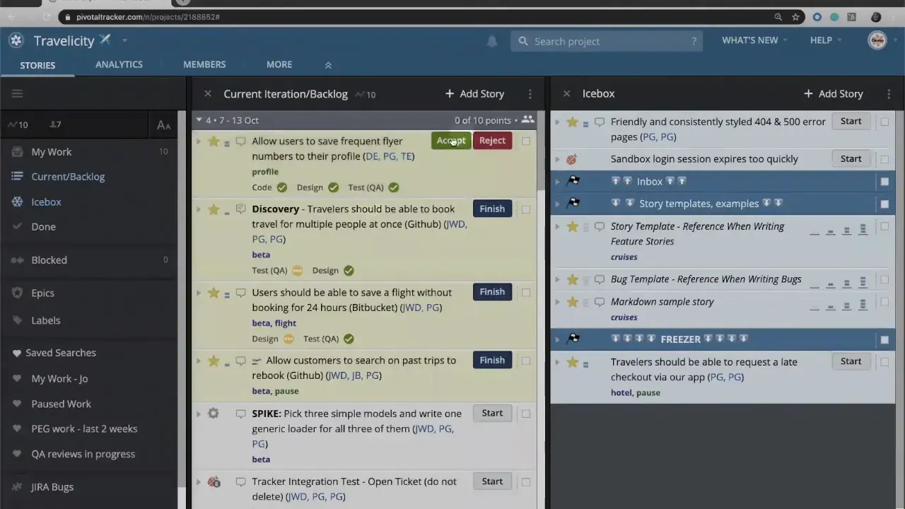LiteTracker story card showing Accept and Reject buttons on an accepted story
