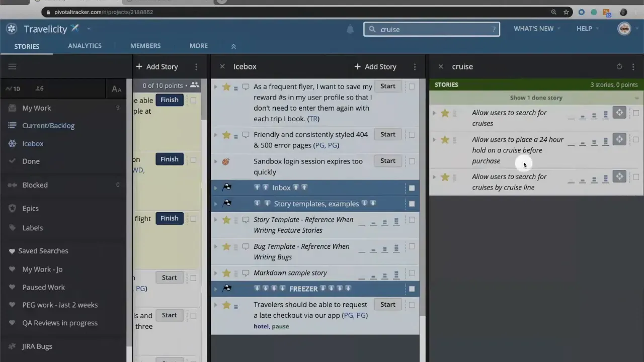 LiteTracker 'cruise' results panel in green showing story list on the right with matching cruise stories