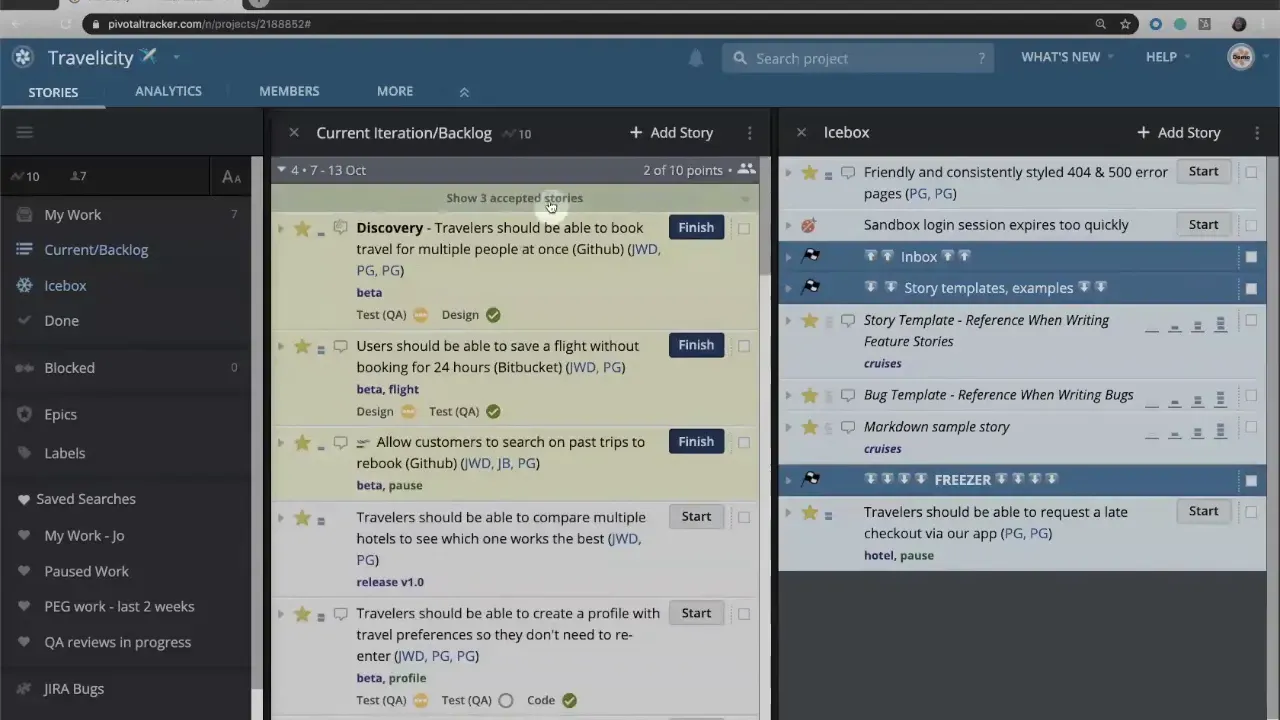 Clear LiteTracker screenshot showing Current Iteration backlog with multiple stories and Finish buttons, and the Icebox column on the right — illustrates a simplified Start/Finish workflow for chores.