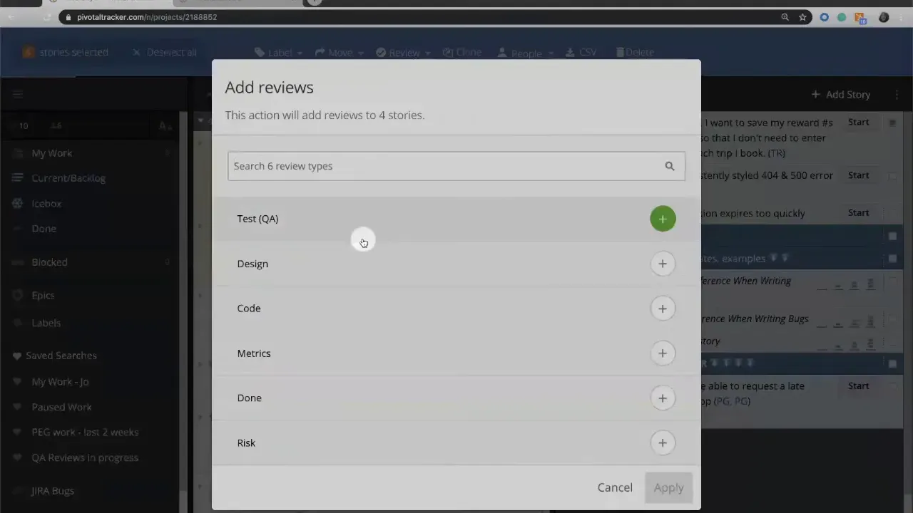 Add reviews dialog in LiteTracker listing review types like Test (QA), Design, Code, Metrics