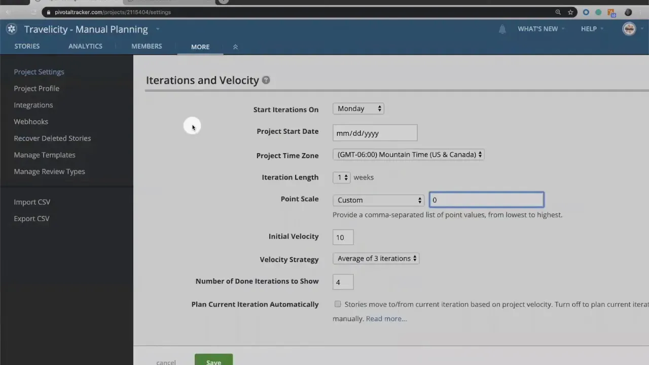 Project settings Iterations and Velocity page with Point Scale set to Custom and value 0