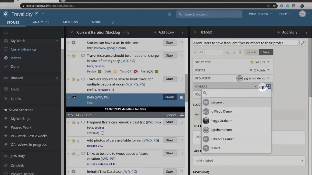 LiteTracker story panel showing Requester and the Owners dropdown with user list