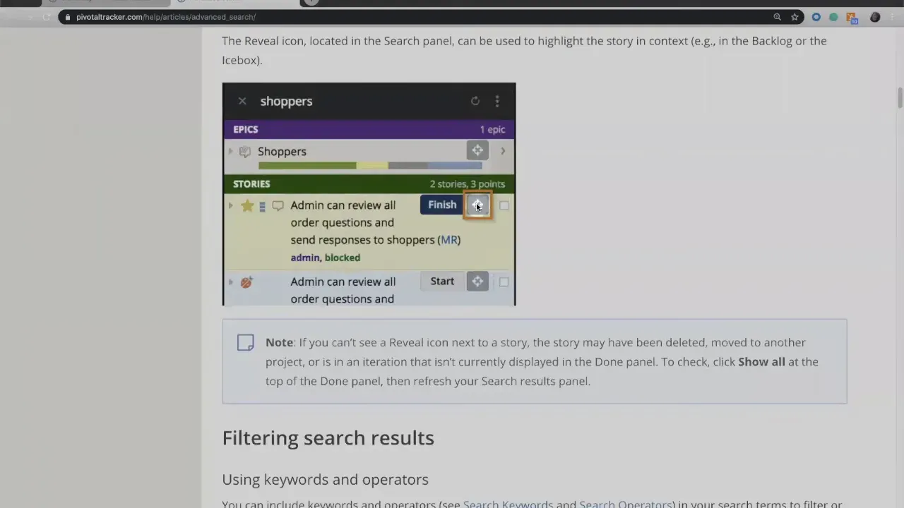Clear screenshot of LiteTracker search panel showing 'shoppers' epic, stories list, and the Reveal icon