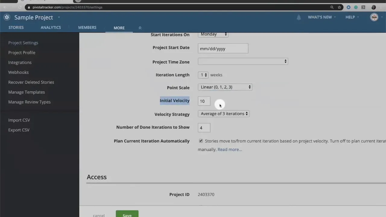 Tracker project settings focused on the Point Scale dropdown and Initial Velocity field with a cursor, Initial Velocity set to 10.