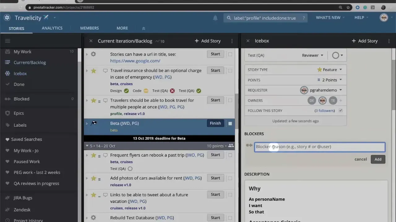 Close view of LiteTracker Blockers input with blue focus highlighting and story description visible below