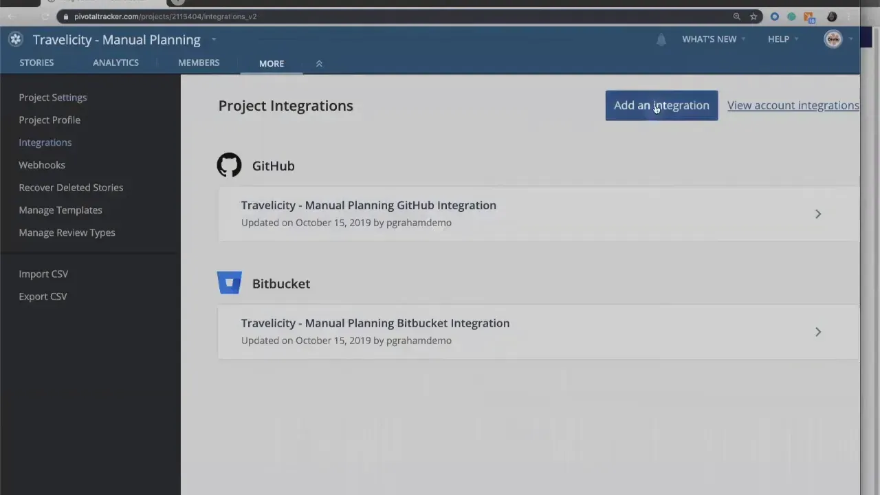 Tracker project integrations page with Add an integration button highlighted