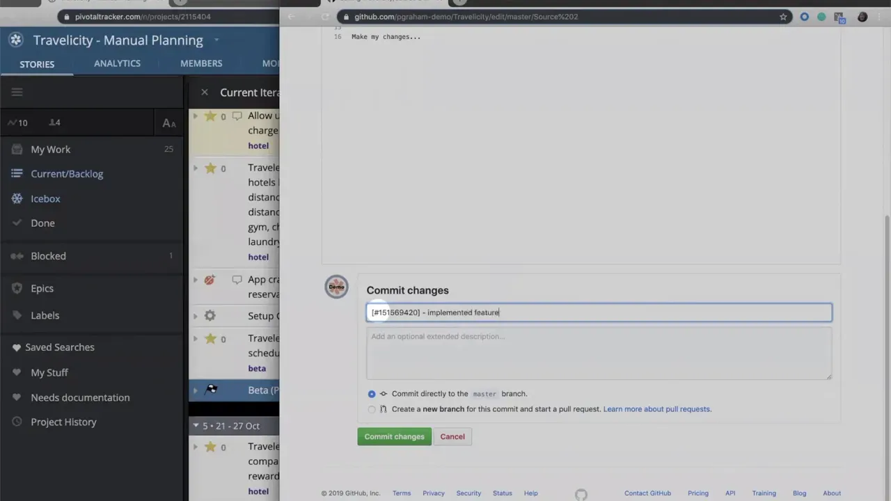 GitHub commit dialog showing a story ID [#151569420] and the message 'implemented feature', with commit options and the Tracker sidebar visible.