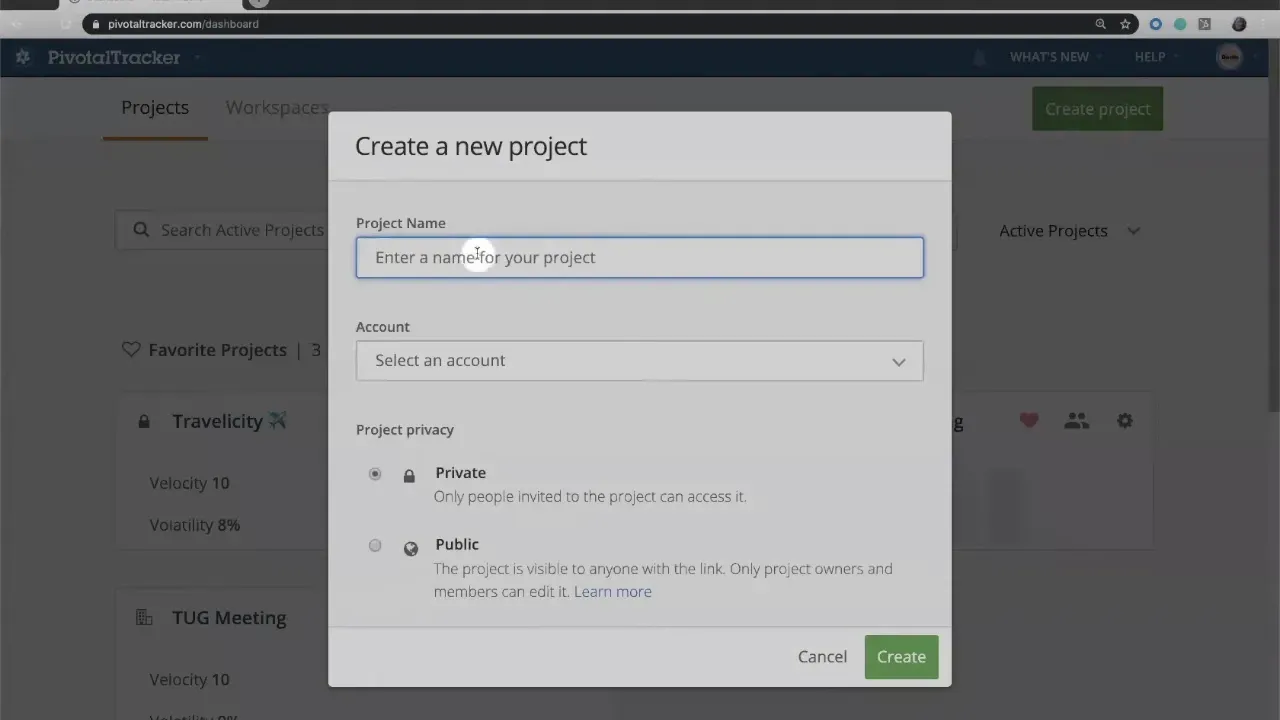 Pivotal Tracker 'Create a new project' modal showing an empty Project Name field, Account dropdown, privacy options and the Create button.