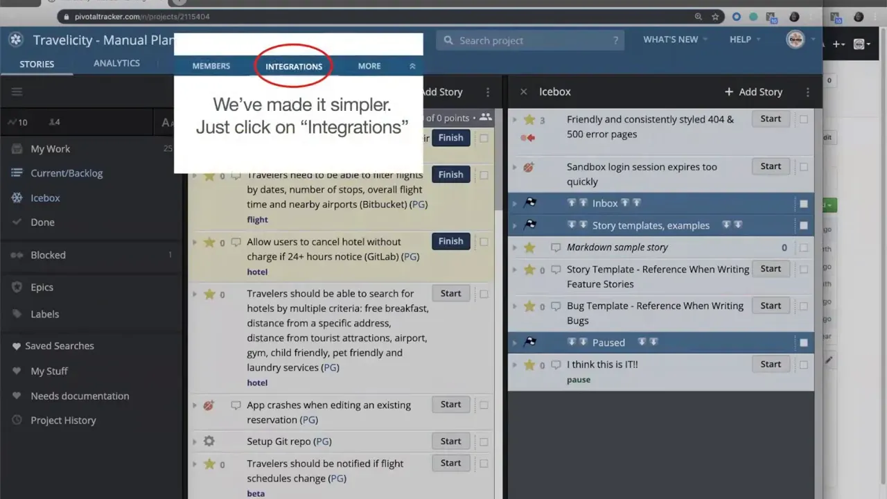 Tracker UI with a callout saying 'Just click on Integrations' and the Integrations tab circled