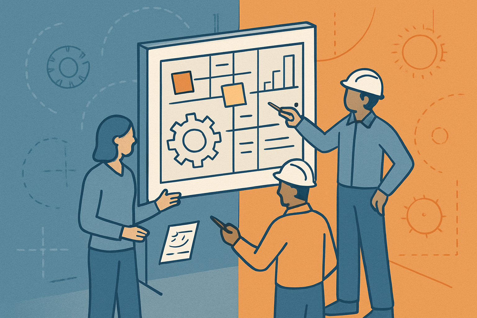Engineers reviewing a project board
